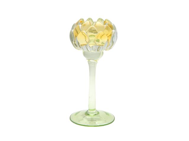 8" GLASS TULIP BLOOM CANDLE HOLDER (YELLOW)